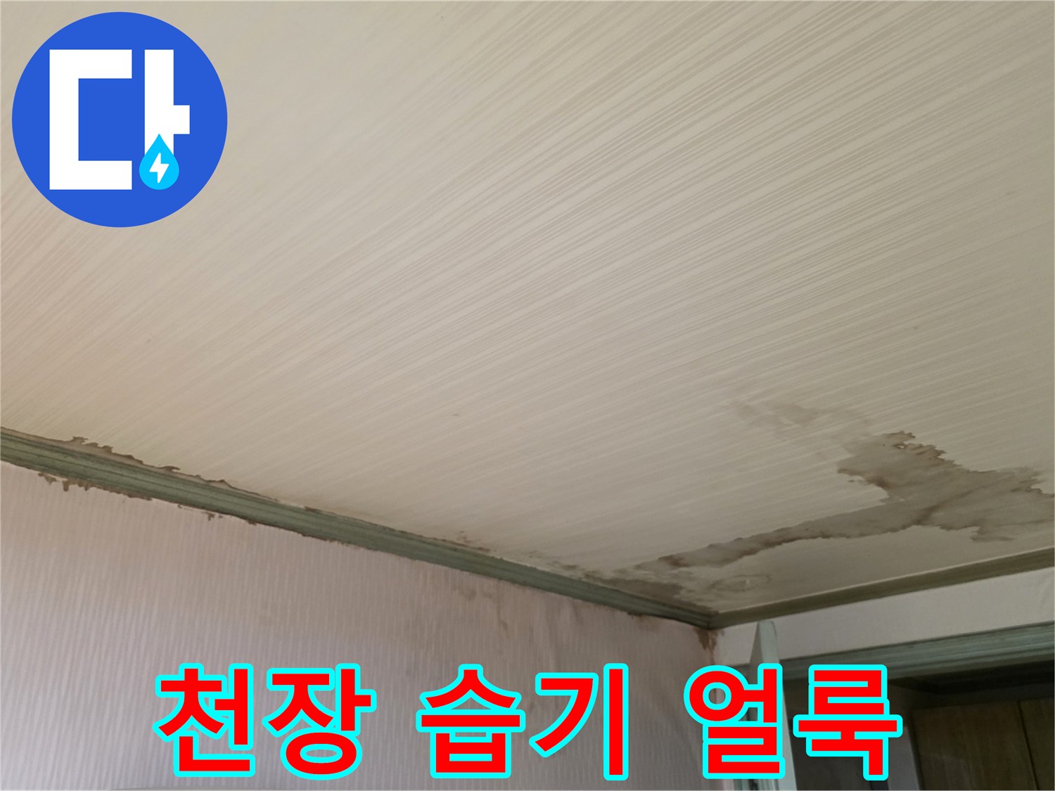 물샘으로 인해 젖어 있는 천장 및 벽면 마감재