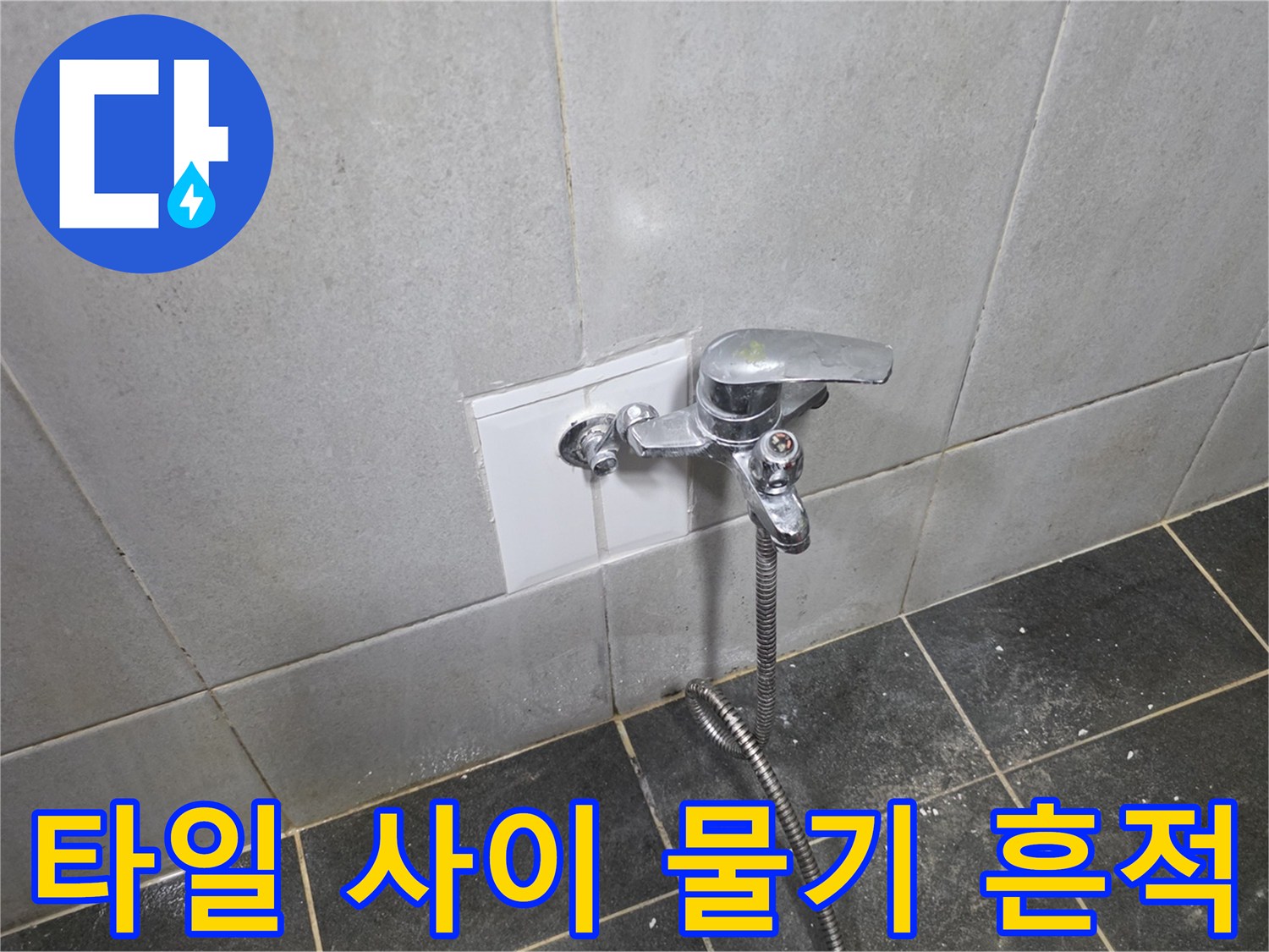 세탁실 벽면 타일 줄눈에 스며든 누수 흔적 사진
