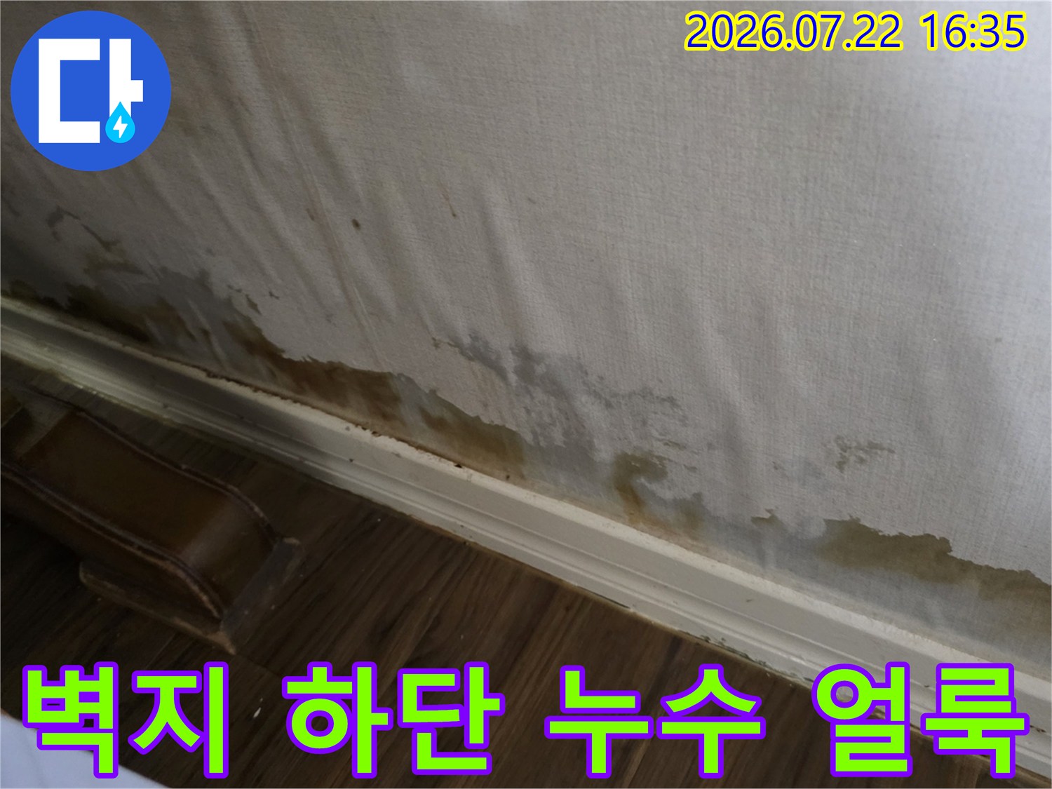흰색 실크 벽지의 아랫부분이 갈색으로 변색되고 곰팡이가 핀 모습