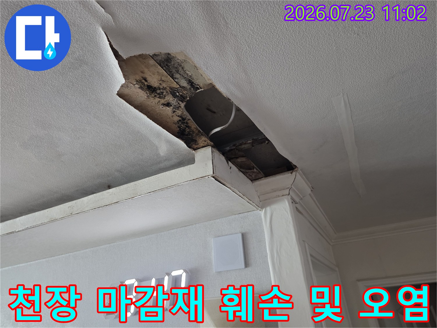 누수로 인해 천장 석고보드가 파손되고 검은색 곰팡이가 핀 모습