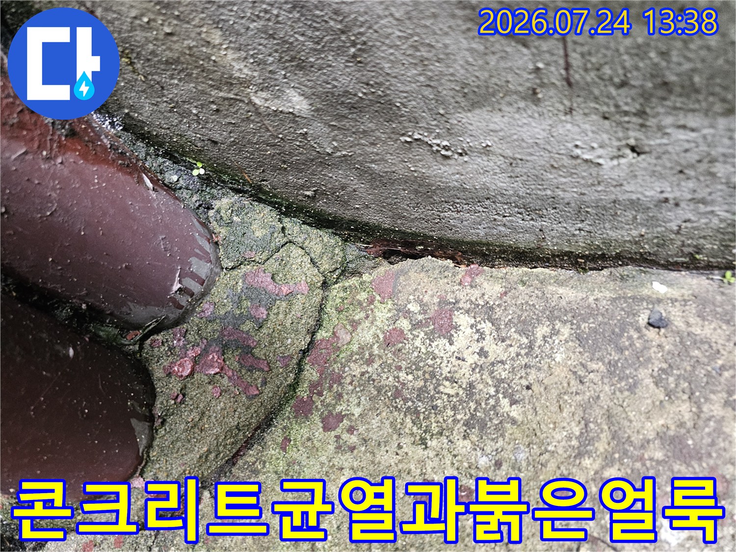 동작구 빌라 현장의 콘크리트 벽면에 발생한 균열-분홍색 오염물질이 묻어있는 모습
