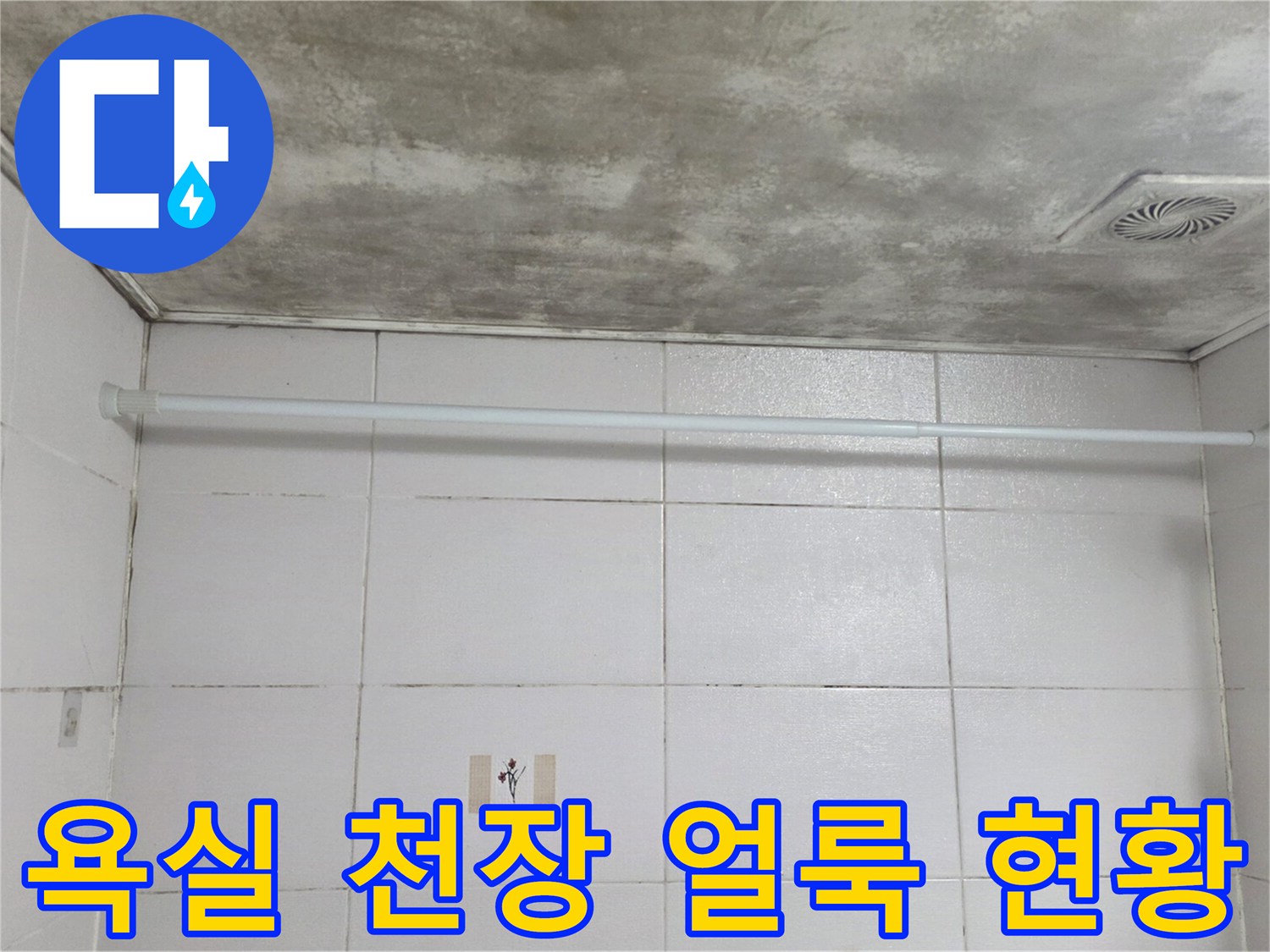 물샘으로 인해 어둡게 변한-욕실 천장의 넓은 습기 흔적