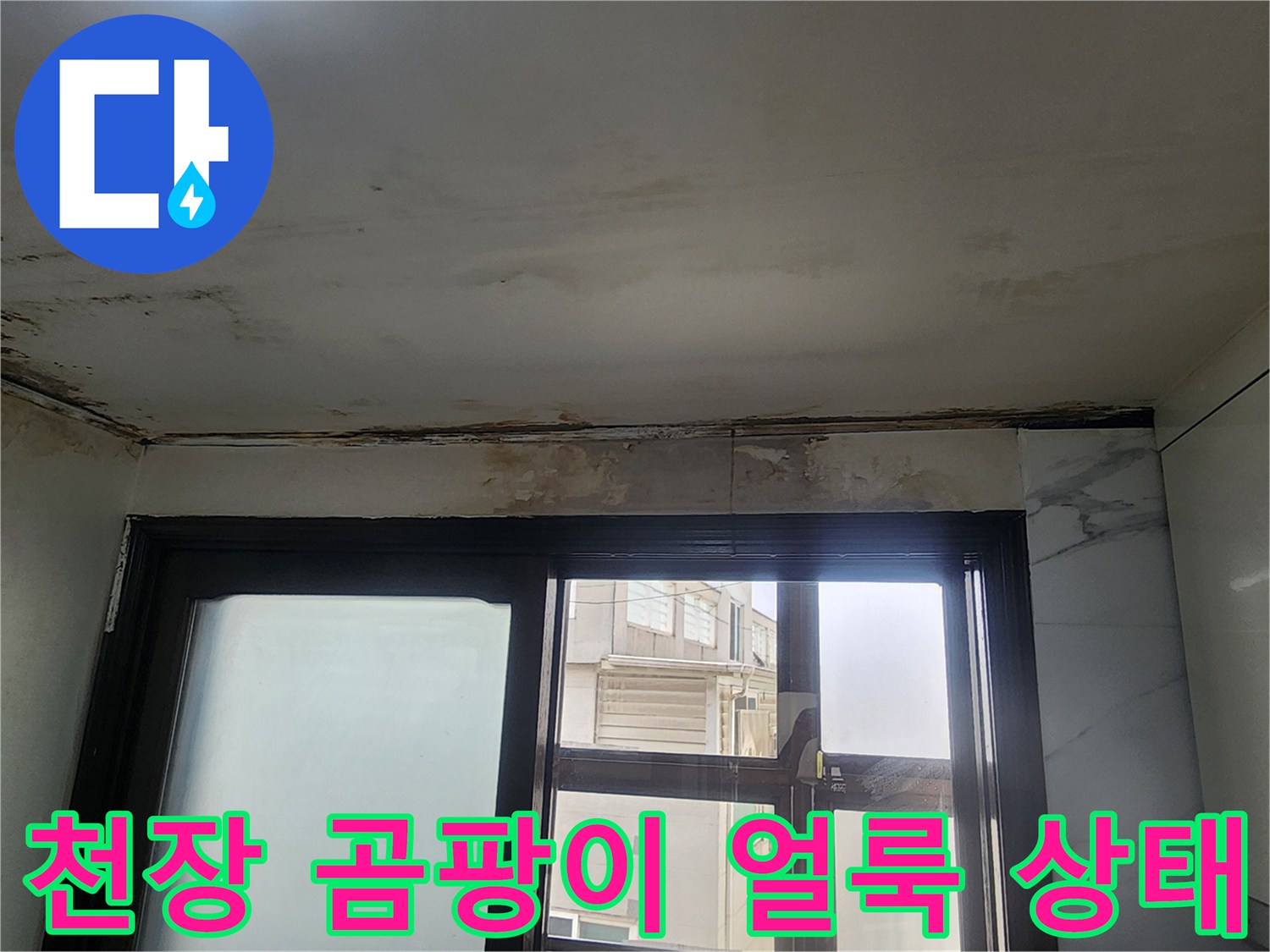 누수로 인해 오염된 주방 천장의 상세 모습