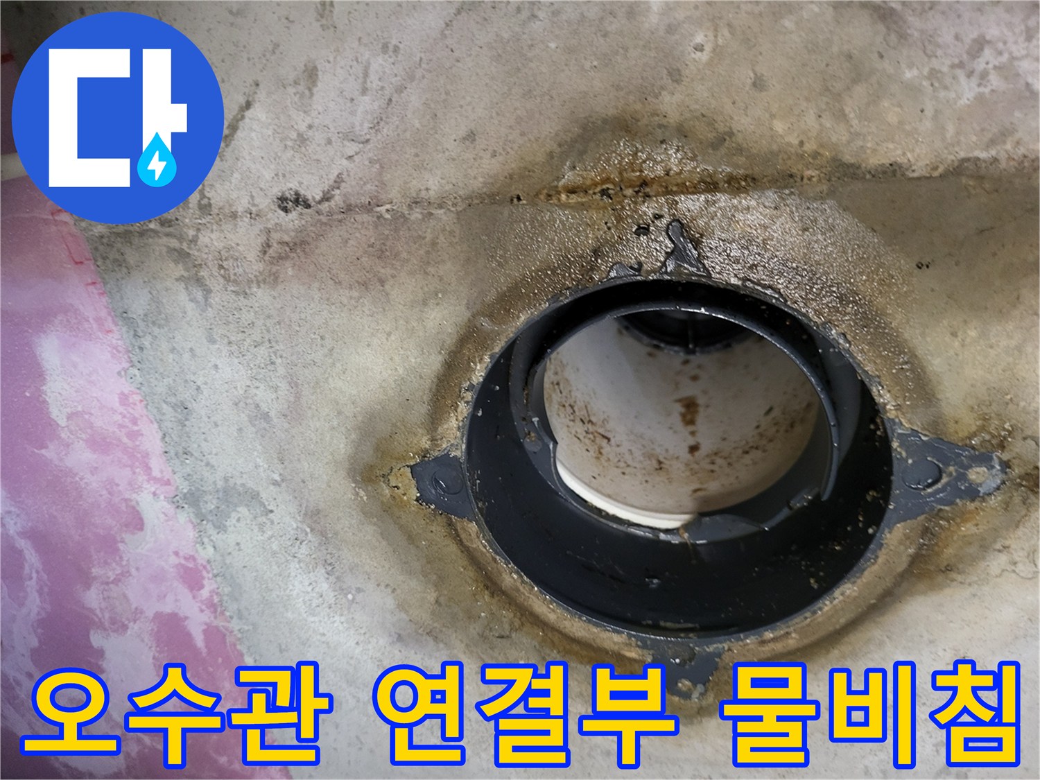 습기로 인해 젖어 있는 오수 배관 소켓