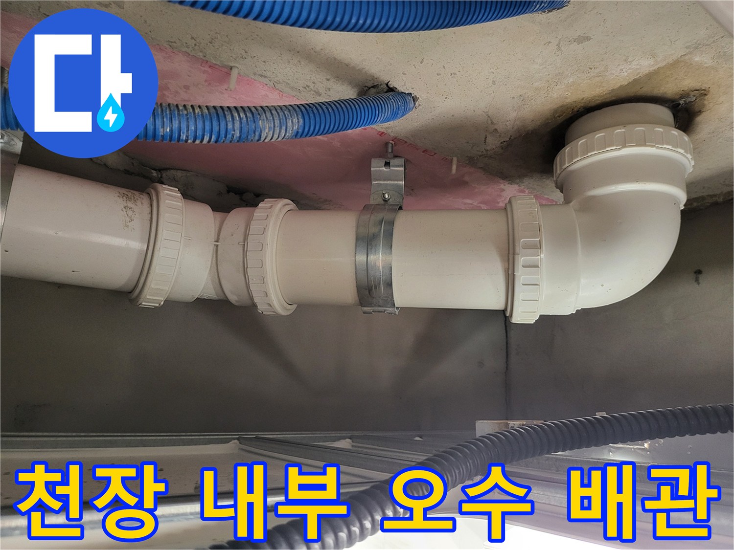 천장 구조물 사이로 노출된 흰색 PVC 오수 배관 모습
