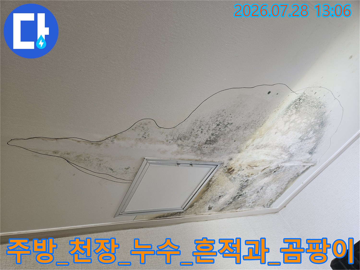 범위가_넓은_천장_오염과_배수구_상단_누수부위