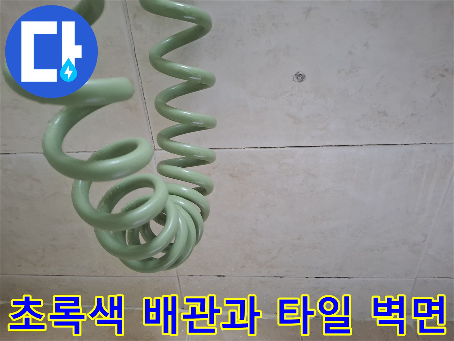 세면대 하단 초록색 자바라 배관 근접 촬영