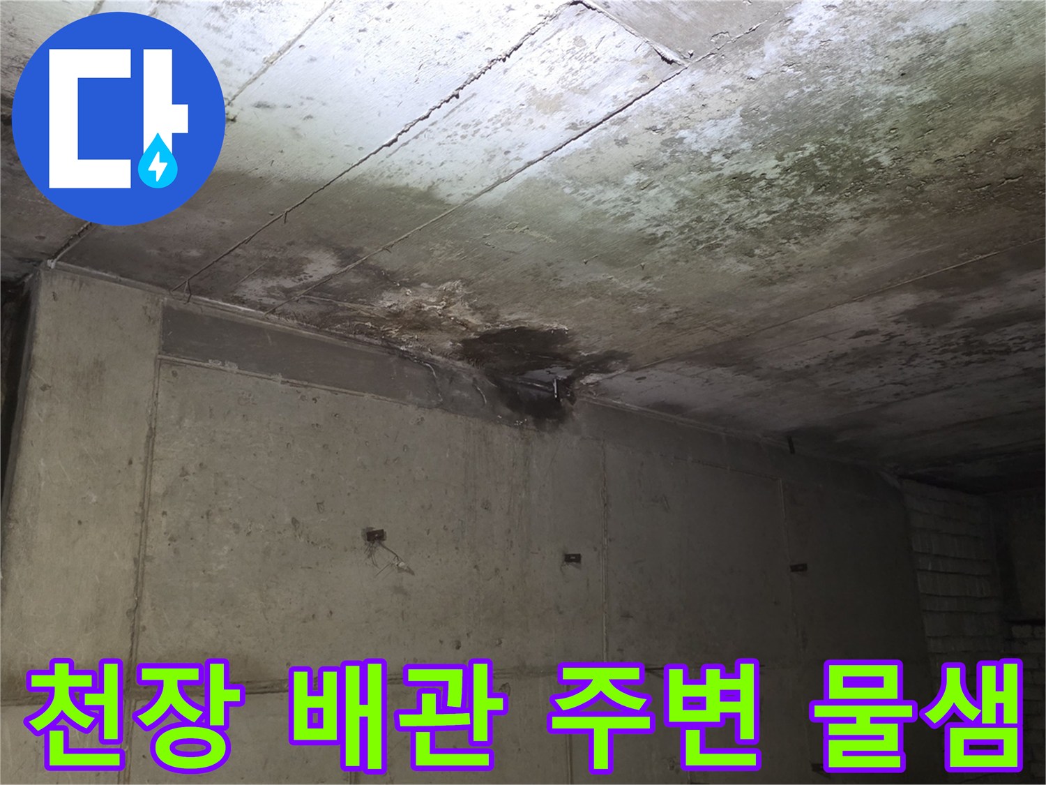 배관 관통 부위 주변의 젖은 콘크리트와 오염 흔적