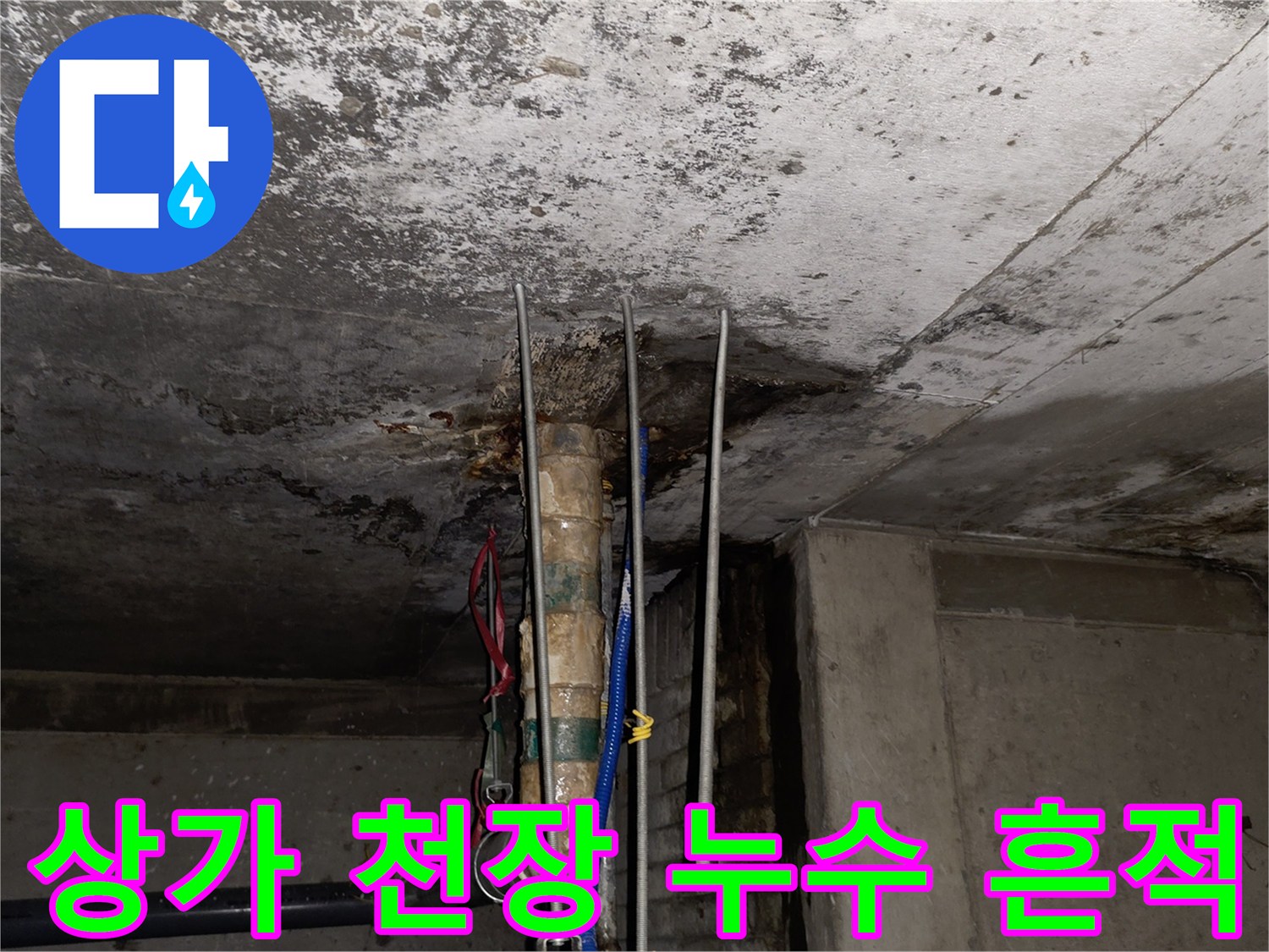 분당 수내동 상가 건물-천장 슬래브 배관 주변의 습기 및 오염 상태