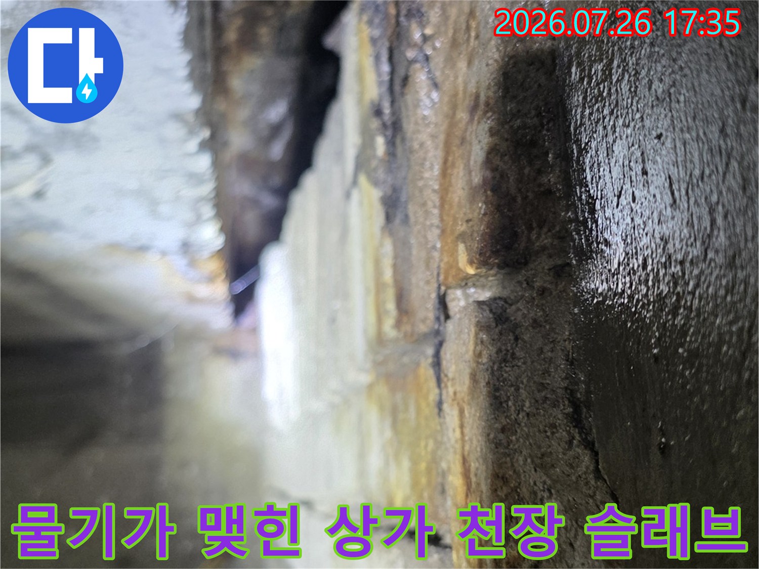 상가 건물 내부-천장 콘크리트 슬래브에 물이 고여 있고 습윤한 상태의 모습