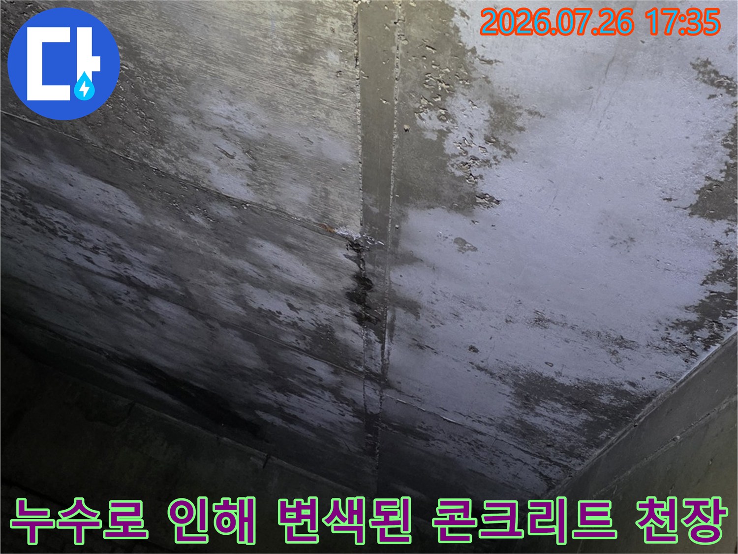 습기로 인해 얼룩덜룩하게 오염되고 곰팡이가 피어오른 상가 내부 천장 모습