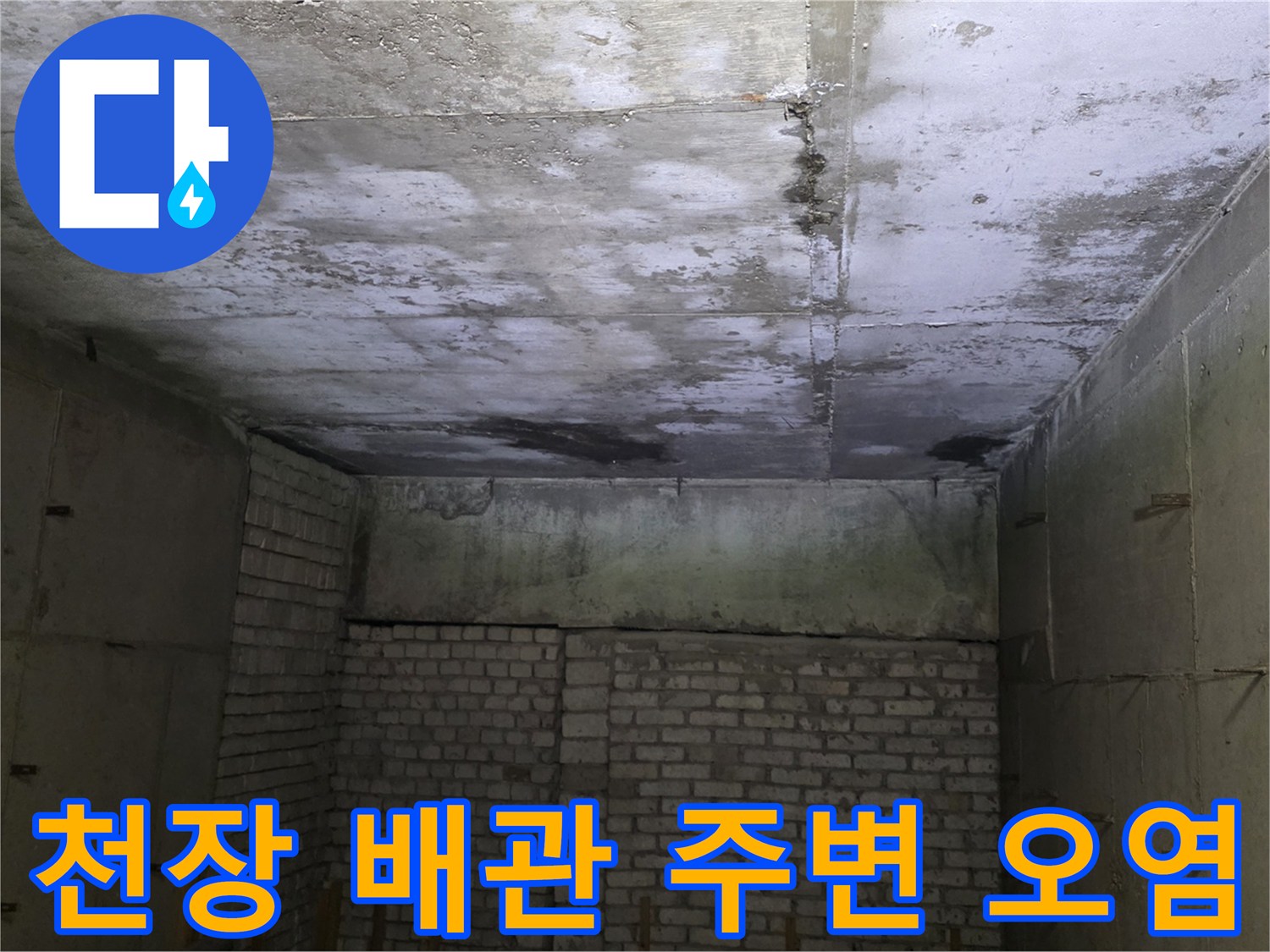 천장 콘크리트 층에 발생한 심한 물샘 흔적