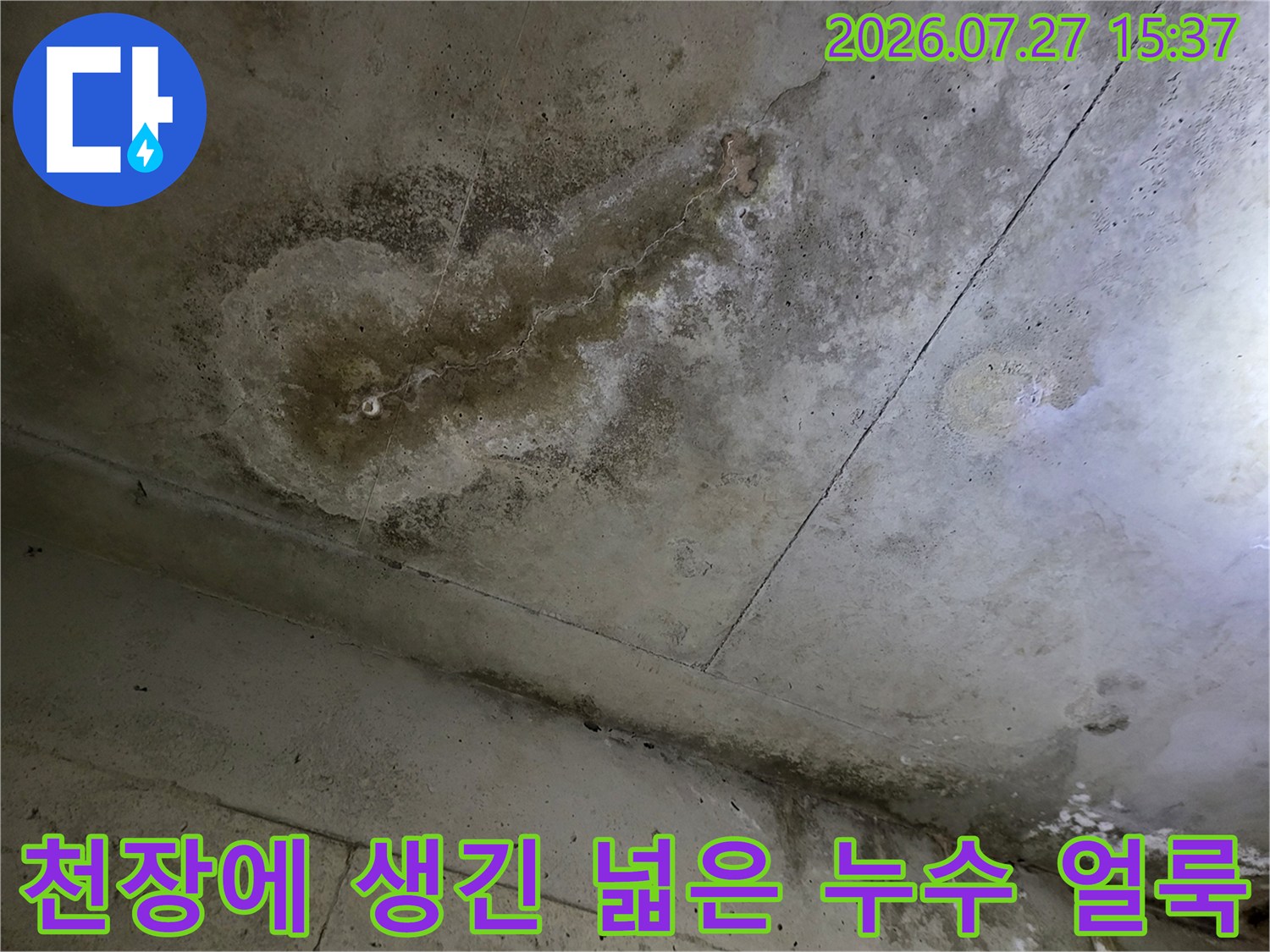 화장실 천장 콘크리트 표면에 발생한 넓고 짙은 누수 물자국-곰팡이 흔적