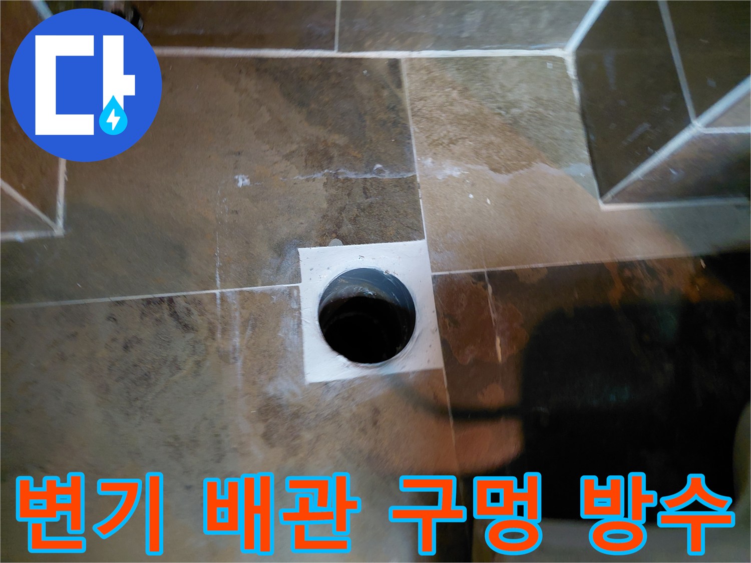 화장실 바닥 타일 사이로 노출된 오수관 배관 부위