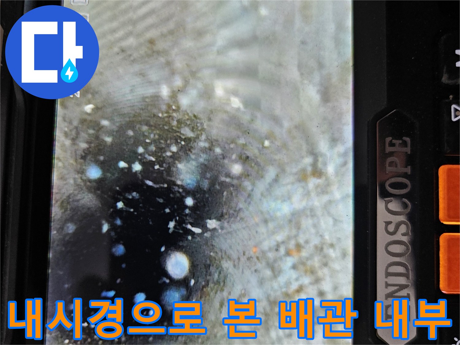 배수관 내부에 고여 있는 물과 이물질의 모습