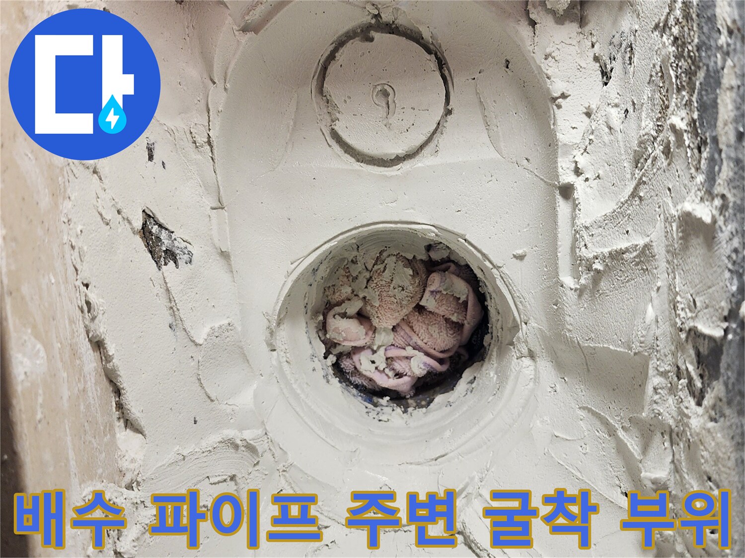 배수구 내부-노출된 배관과 깨진 방수층