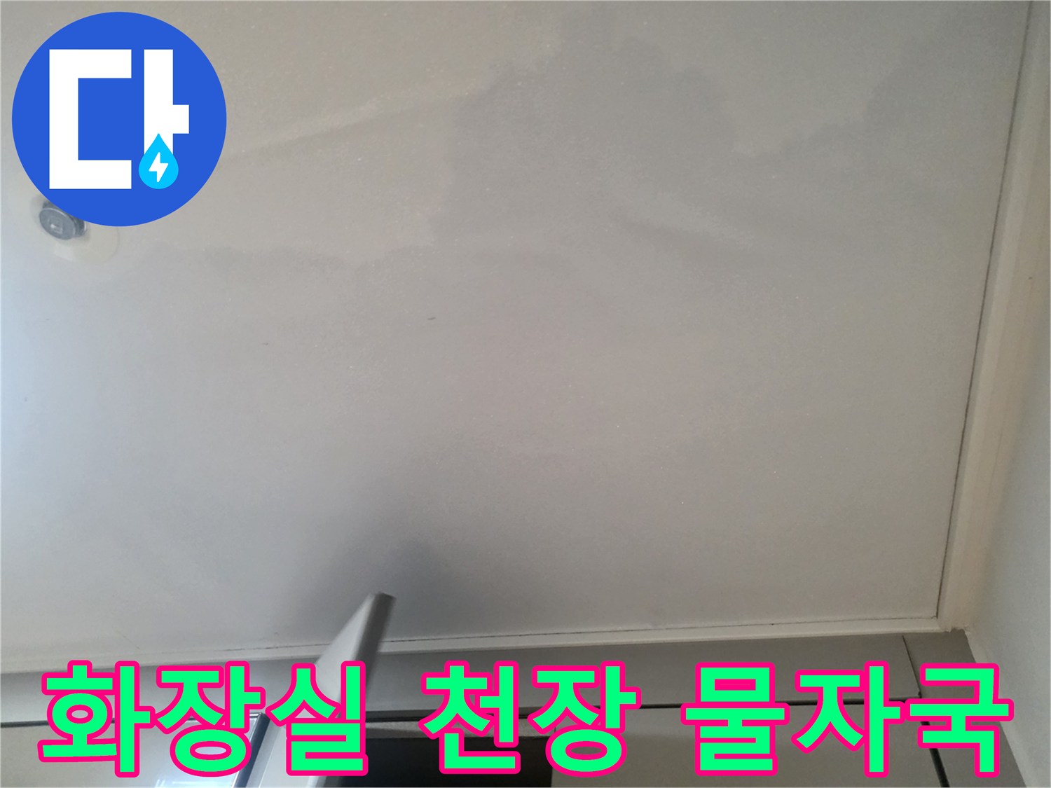 물샘 증상이 나타난 화장실 천장의 넓은 누수 변색 부위