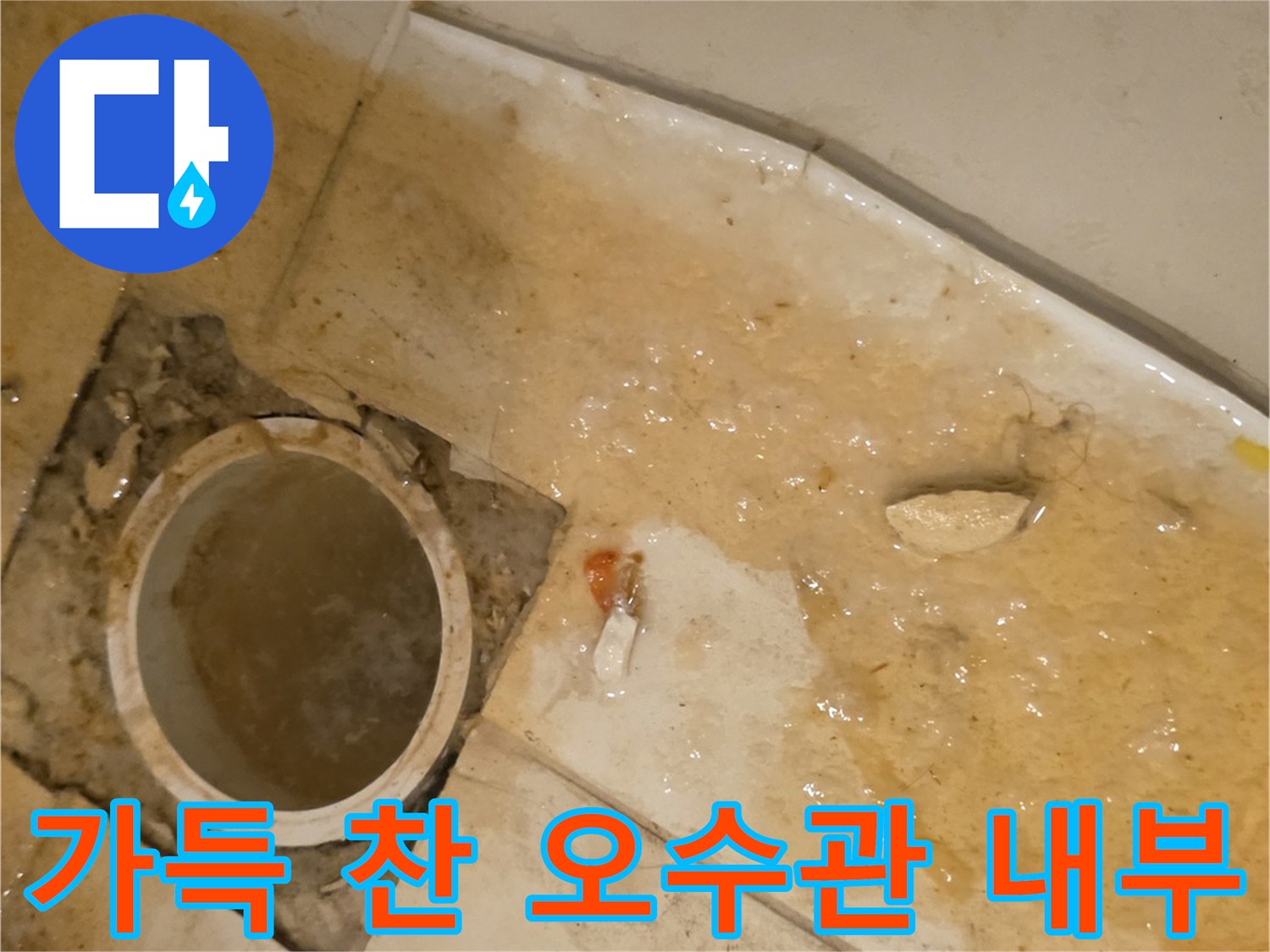 오수관 입구에 고여 있는 탁한 물-배관 막힘 징후