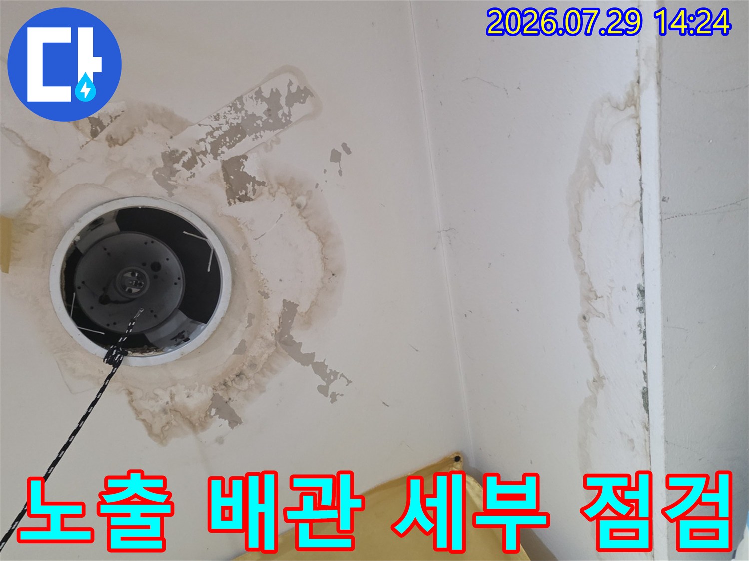 천장 안쪽의 젖은 배관과 주변 환경을 정밀하게 조사하는 현장 사진