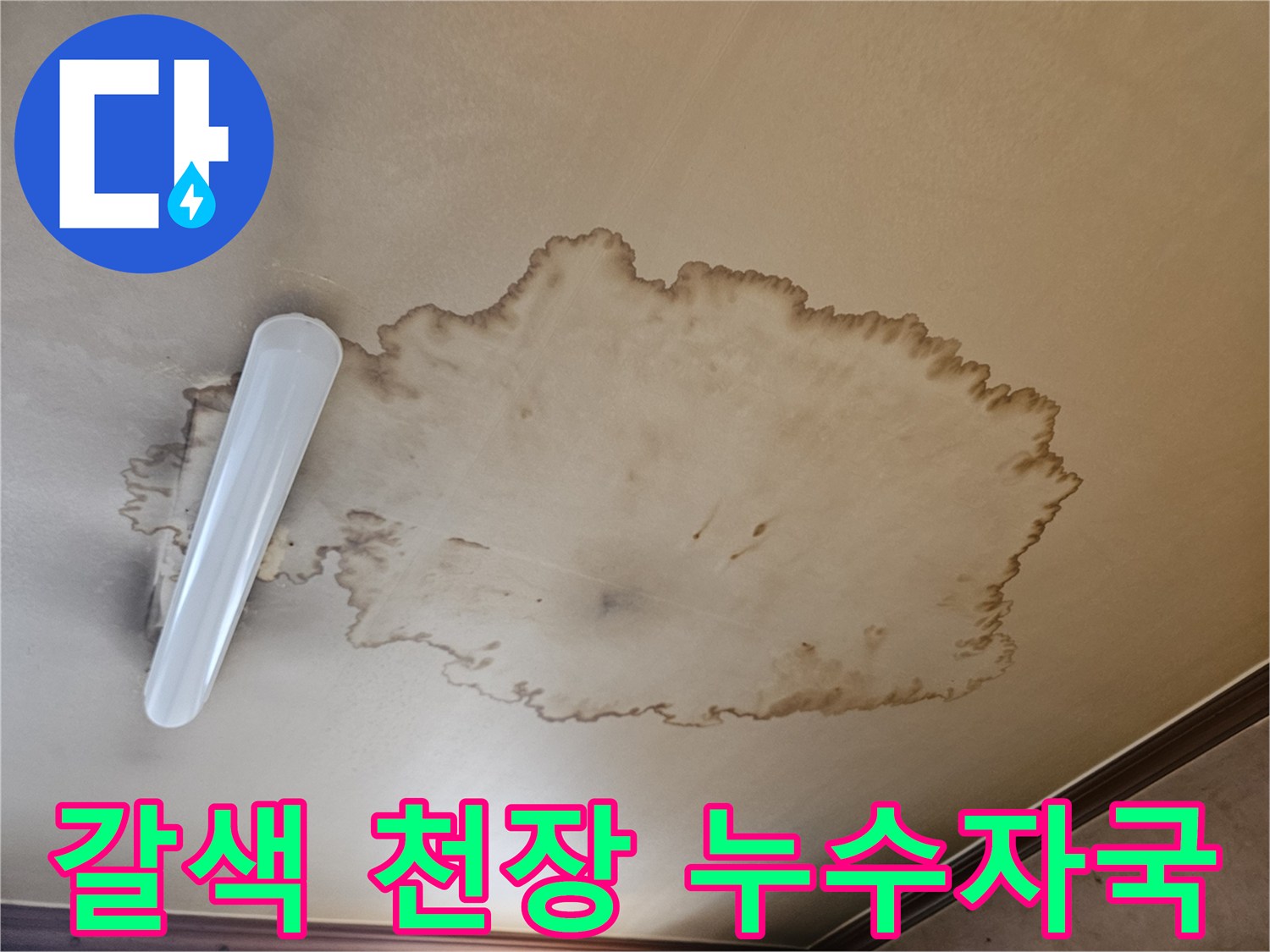 거실 천장 마감재에 발생한 넓은 범위의 물자국