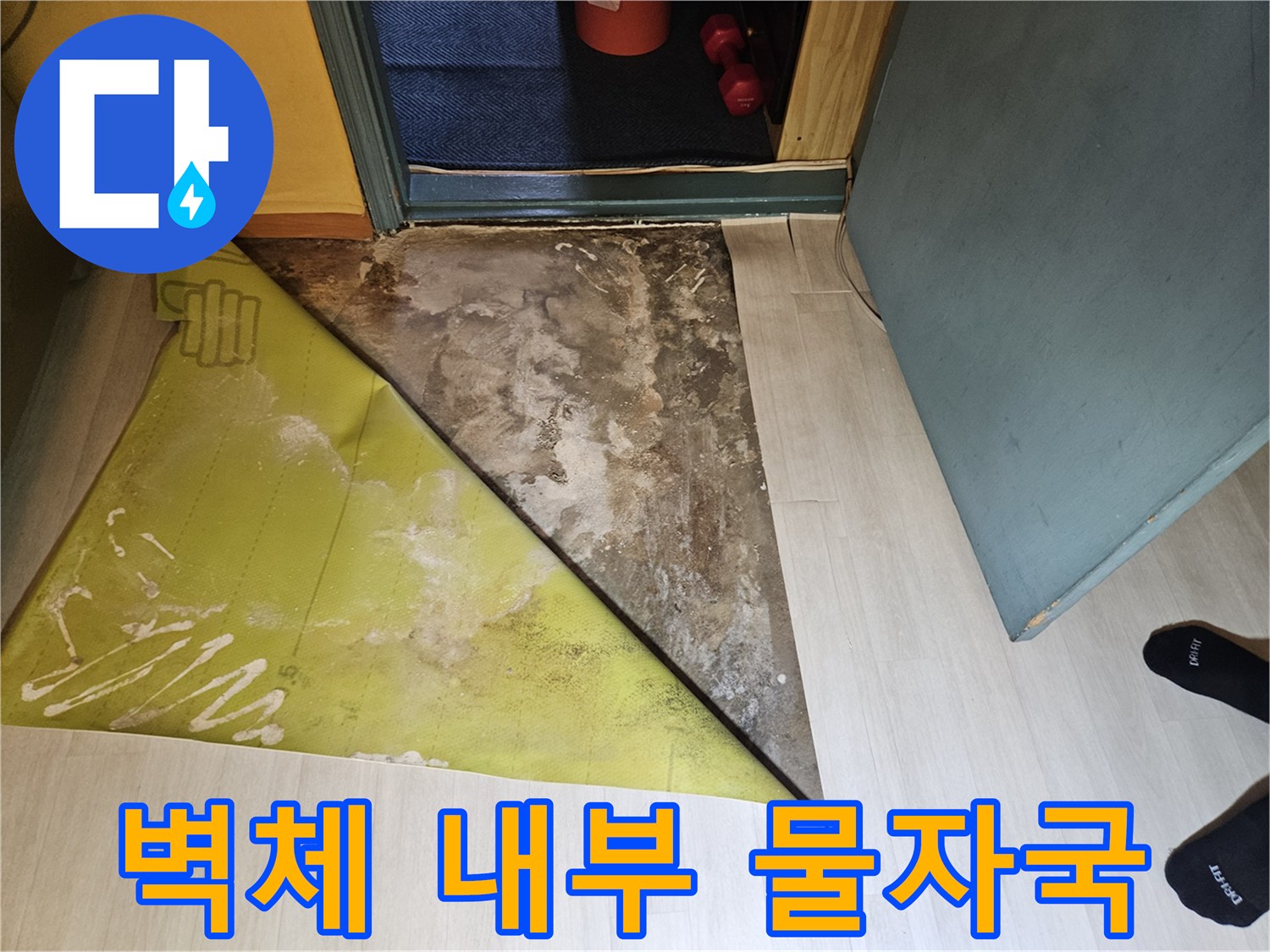 벗겨진 벽지-내부의 젖은 콘크리트 면