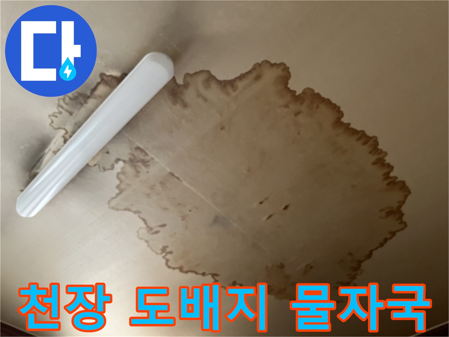 불규칙한 모양으로 나타난 천장의 갈색 누수 흔적