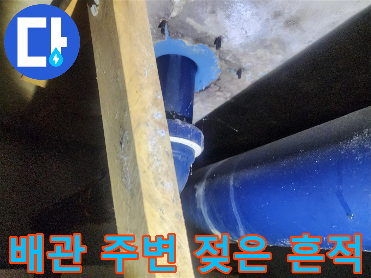 파란색 배관-주변의 습윤한 콘크리트 면