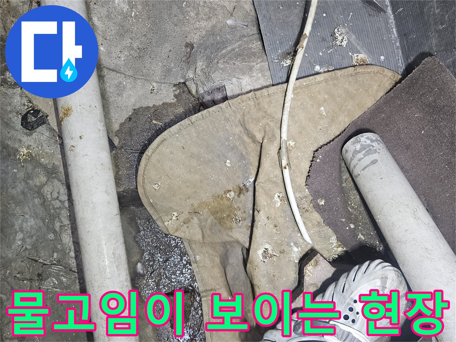 배관 주변에 물이 고여 있는 누수 의심 현장