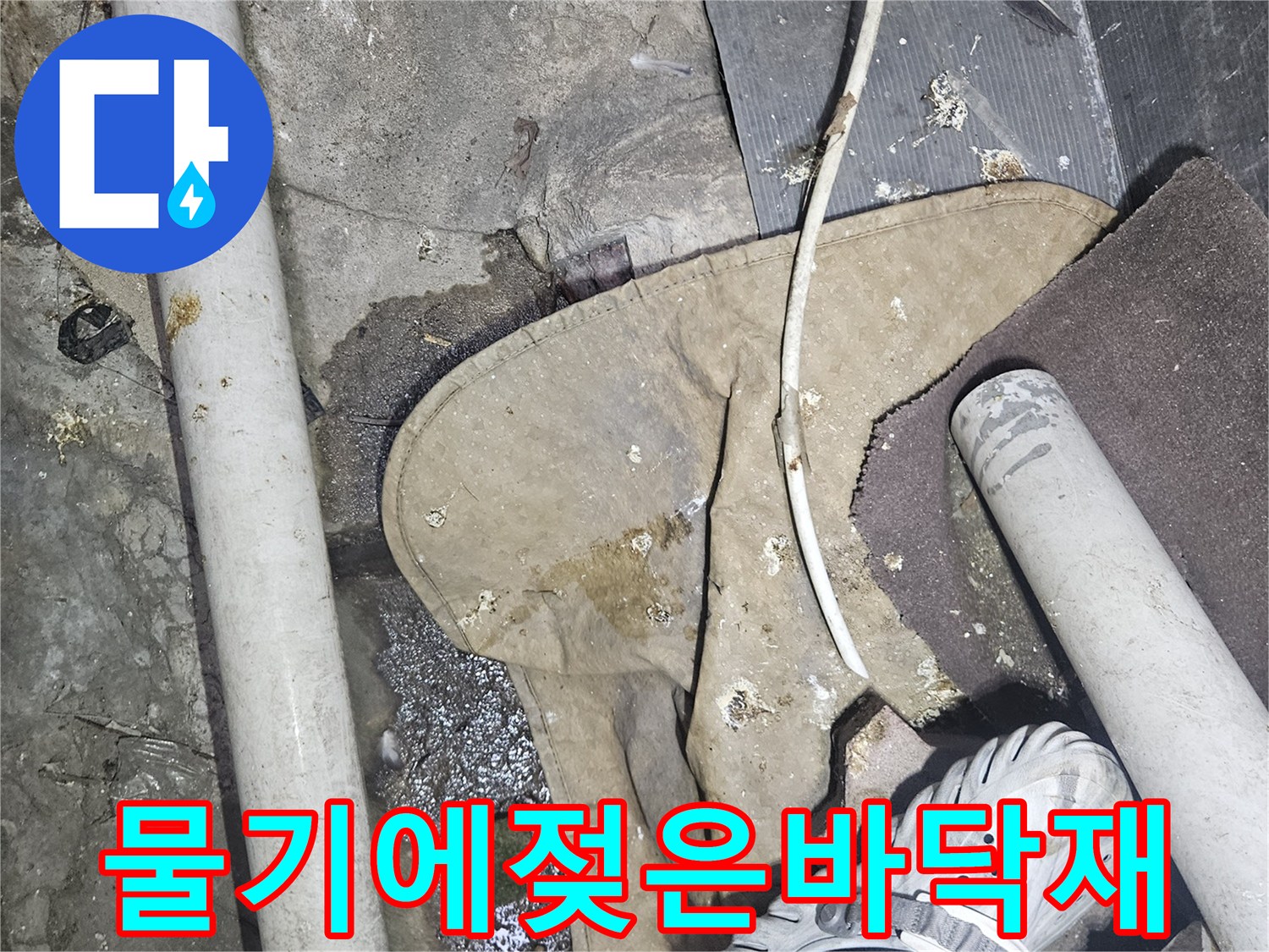 오염된 바닥 틈새-누수가 진행 중인 배관 주변부