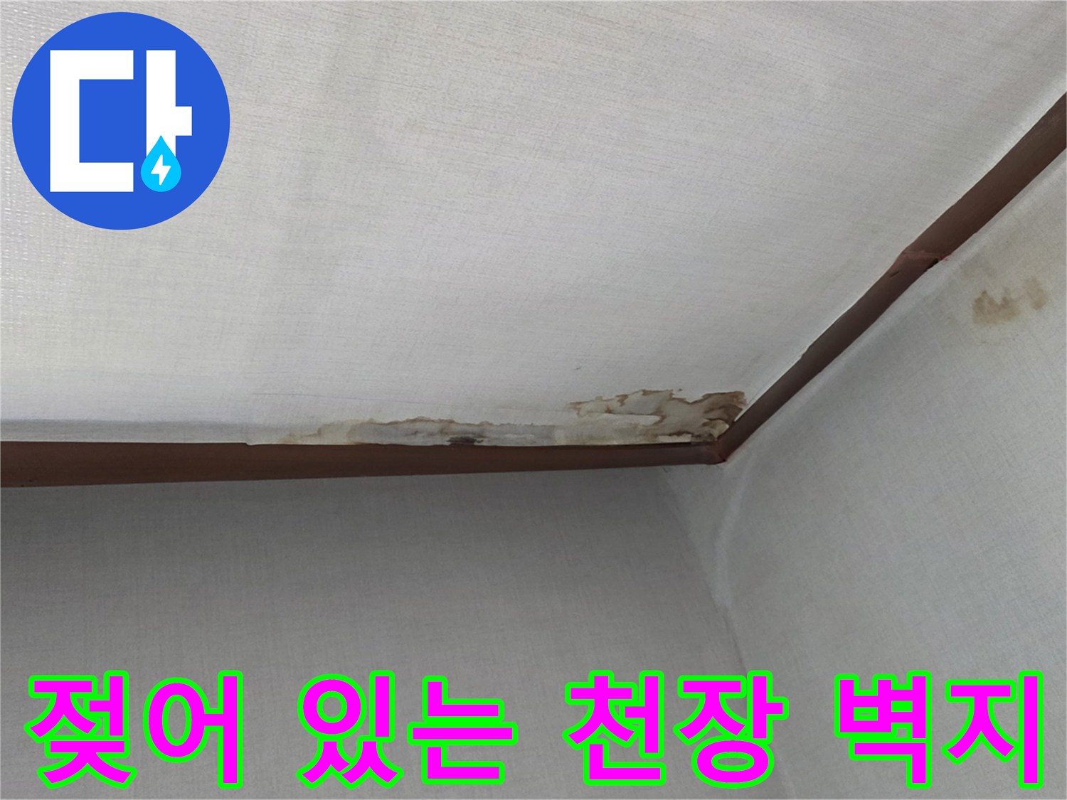 물샘 현상으로 인해 변색된 천장 벽지 경계면
