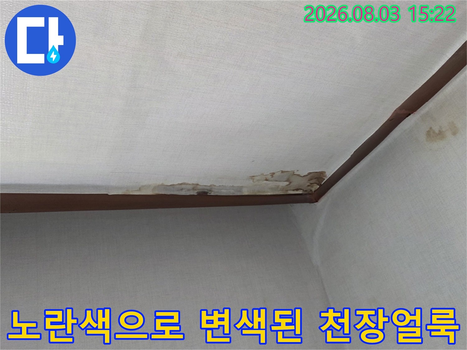 천장 모서리 부위에 발생한 누수의 흔적과 마감재 변색현황