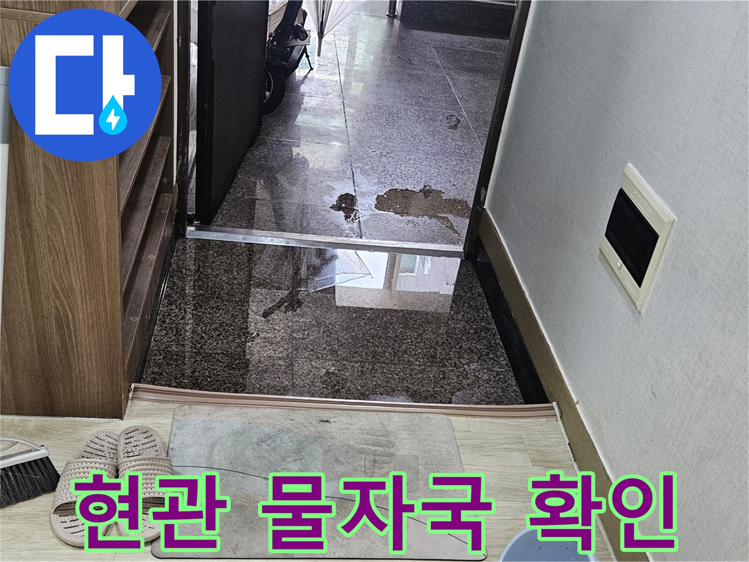 습기가 번져 있는 현관 타일과 주변부 모습