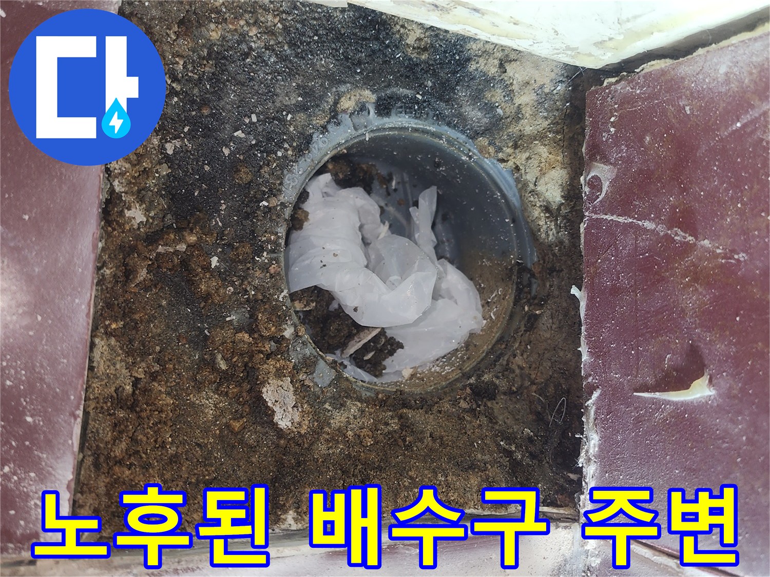 오염이 심한 욕실 배수구와 틈새 타일의 모습