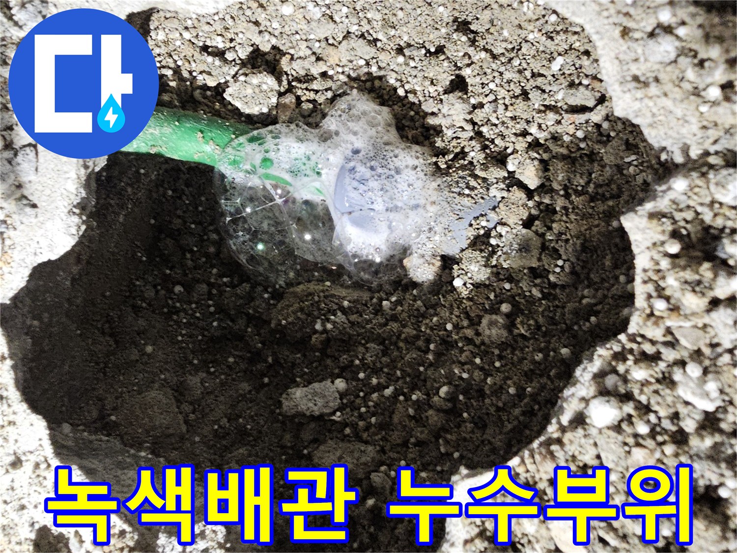 콘크리트 굴착 부위에서 발견된 녹색 배관의 파손 상태