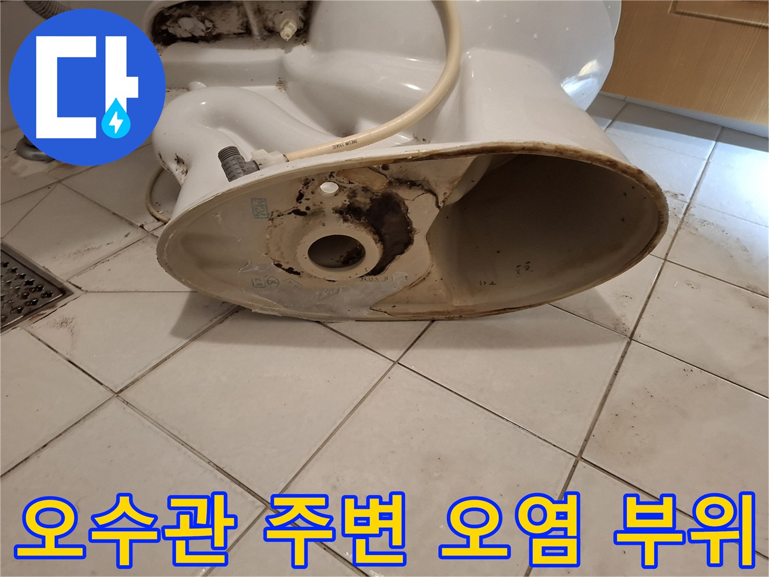 변기 하단부-배관 주위의 심한 검은색 오염 흔적