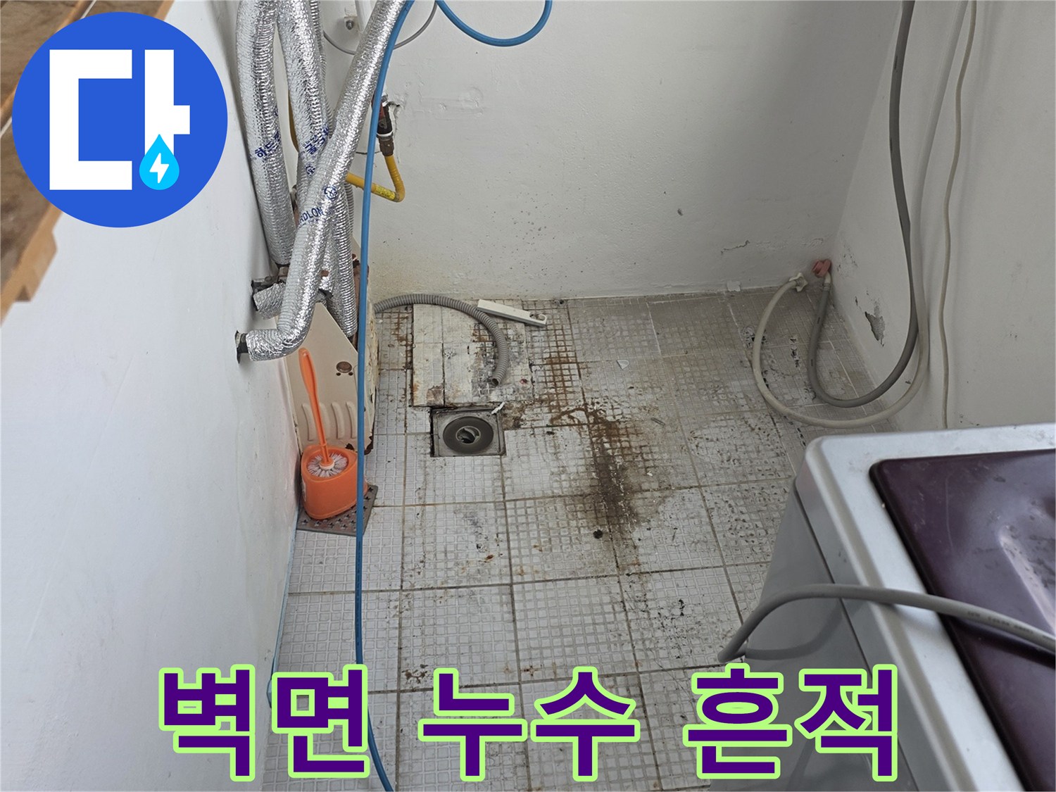 세탁실 타일 벽면에 나타난 곰팡이와 물자국