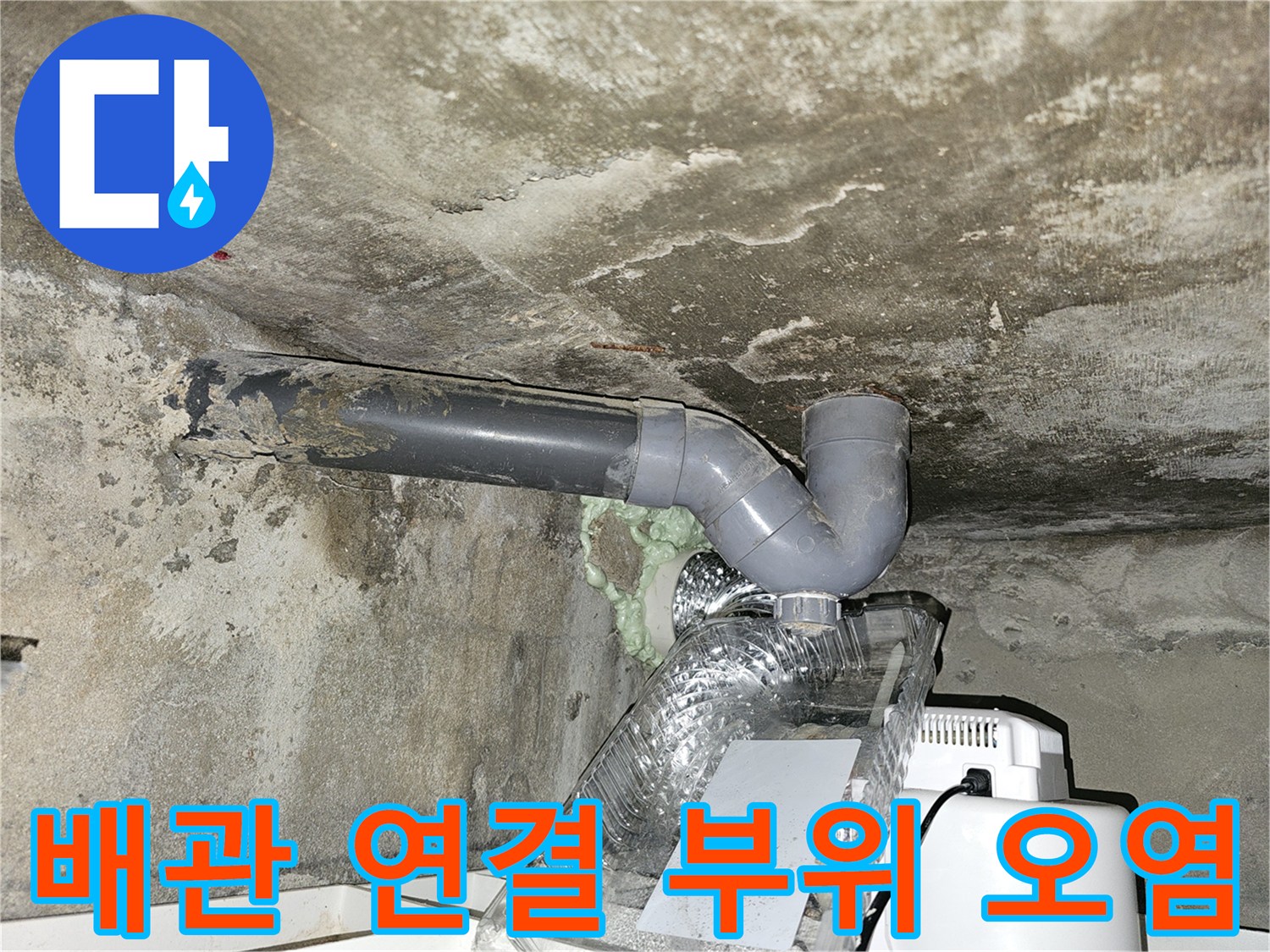 천장 하수 배관 주변의 젖은 흔적과 검게 변한 콘크리트 면