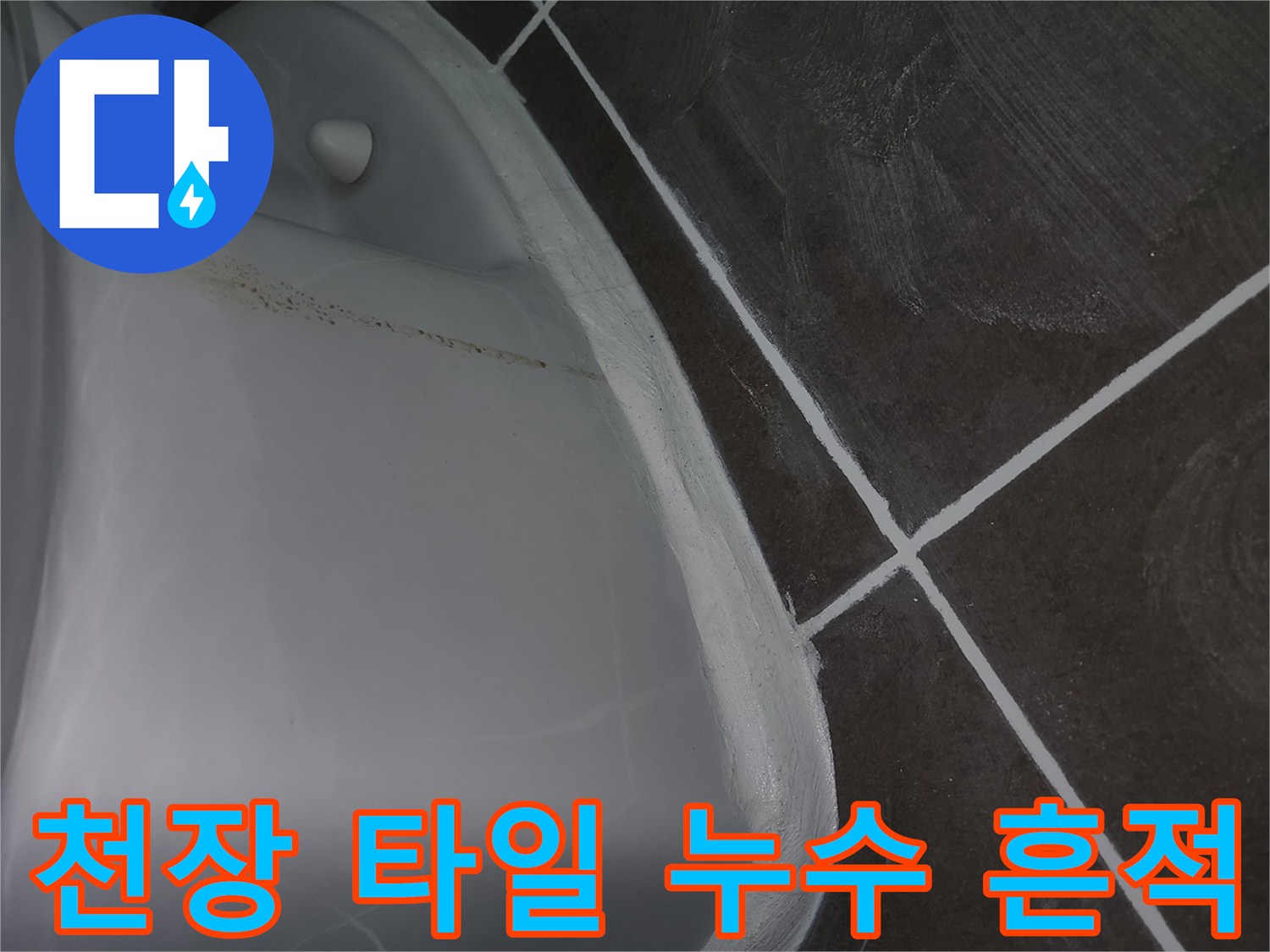 욕실 천장재 상단부의 누수 및 변색 부위