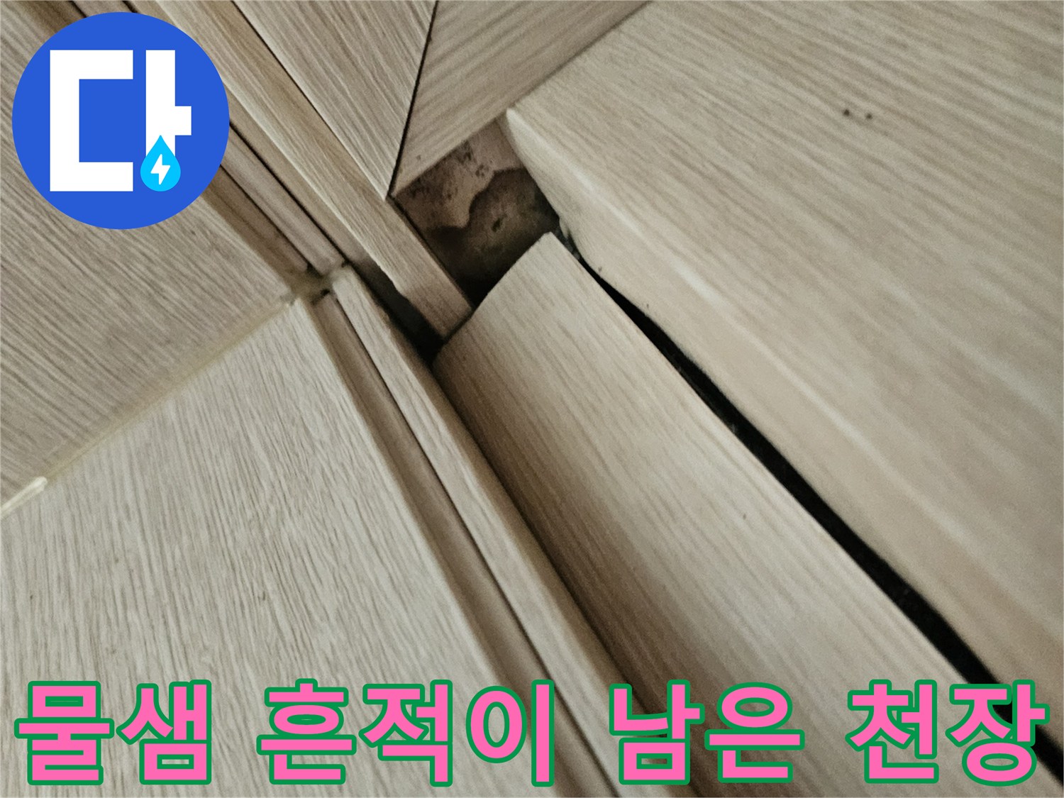 천장 목재 틈새 부분의 물기 침투 및 변색된 모습