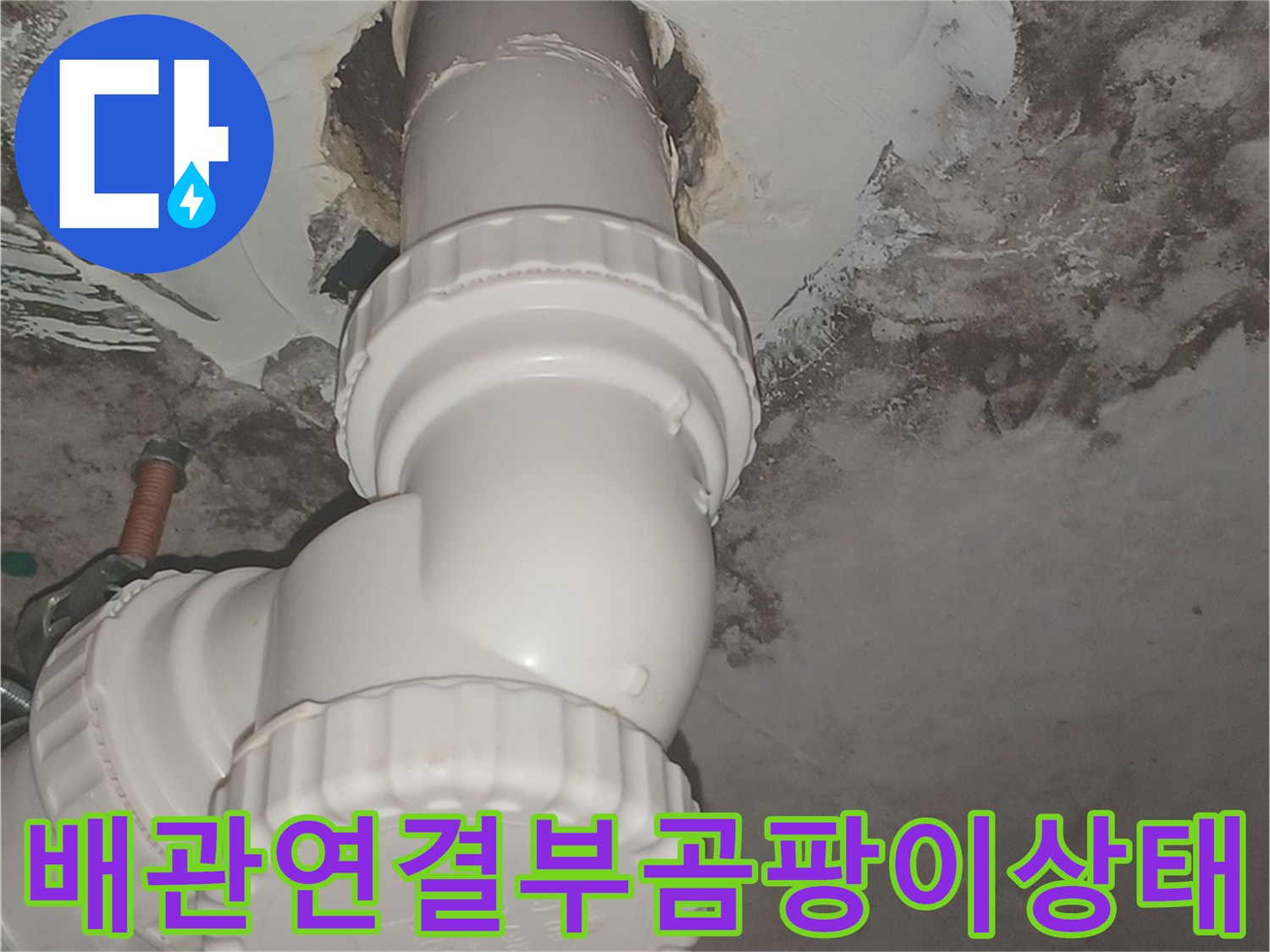 PVC 배관 주변의 검은 곰팡이와 얼룩