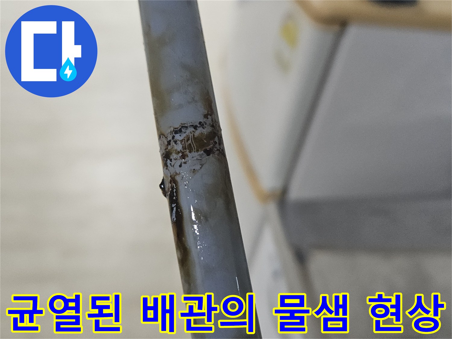 물기가 맺힌 배관 균열 부위 - 누수 원인 지점