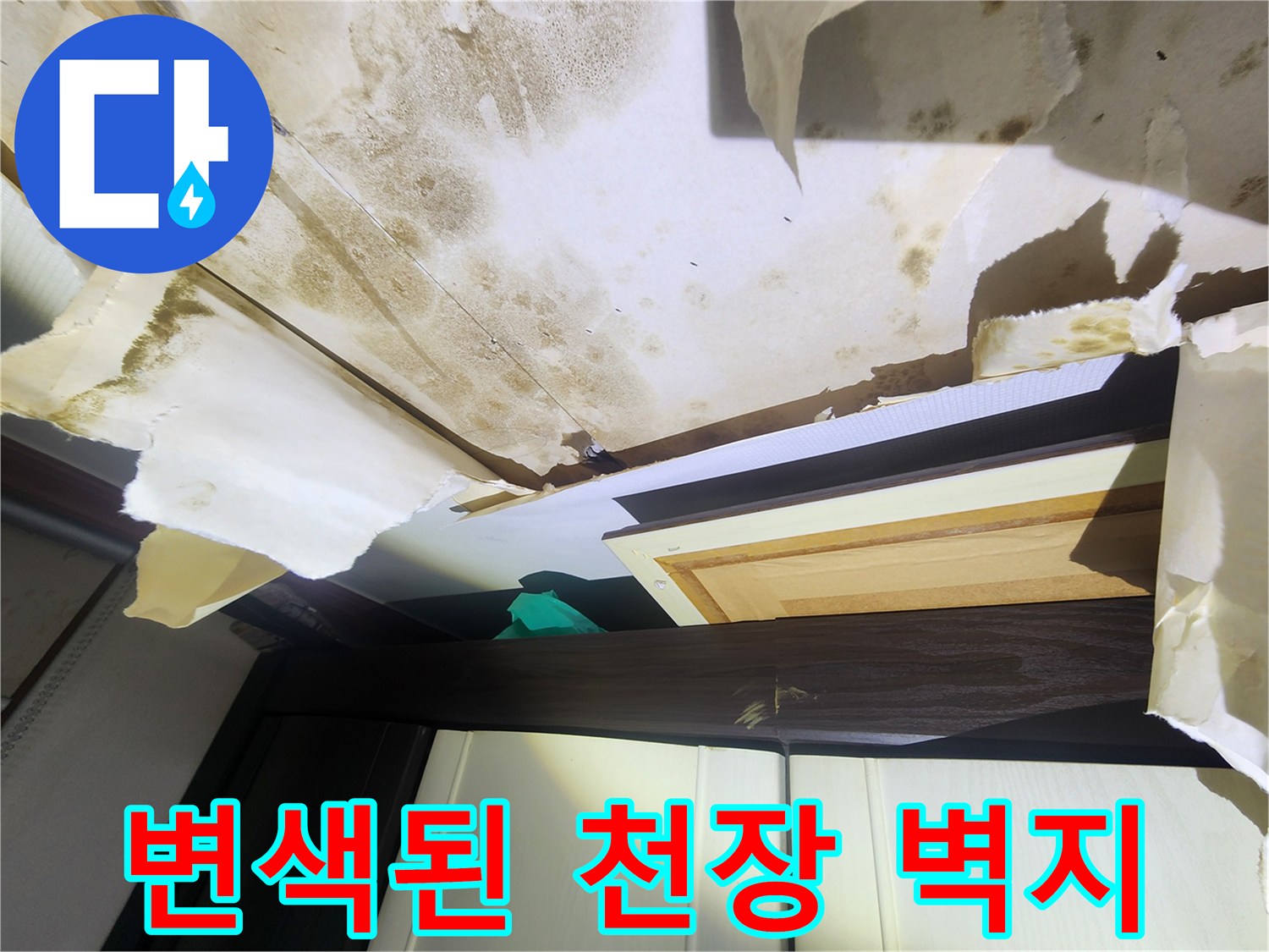 습기로 인해 누렇게 변색되고 곰팡이가 발생한 천장 마감 상태