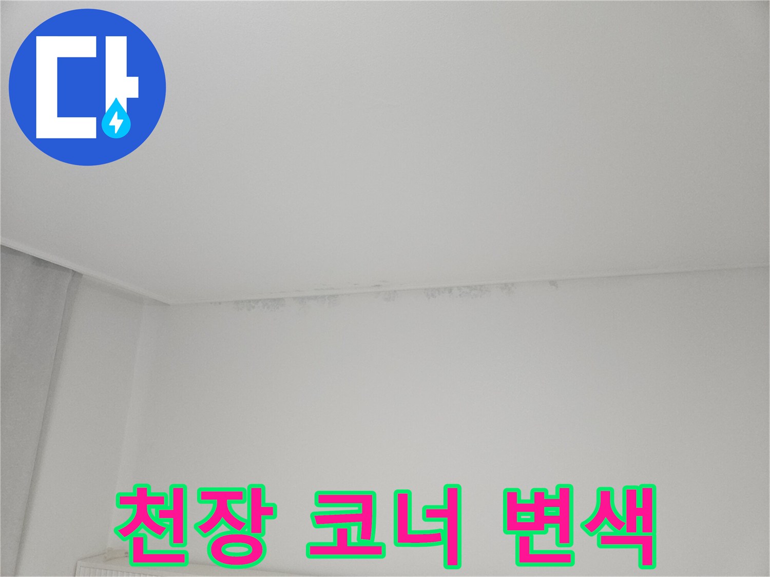 물샘으로 인해 젖고 변색된 천장 구석 부위