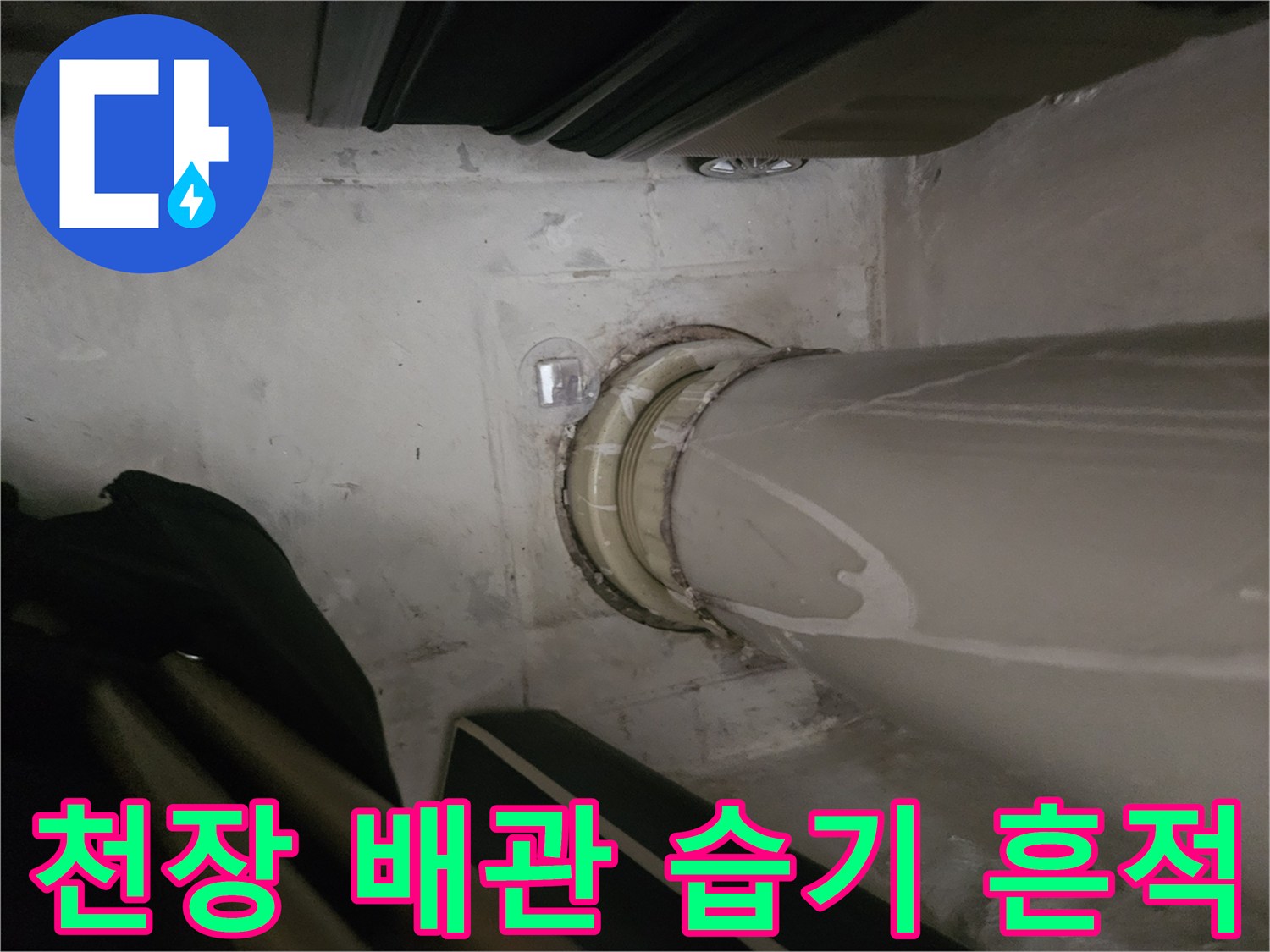 하수 배관 연결 부위의 젖은 상태 확인