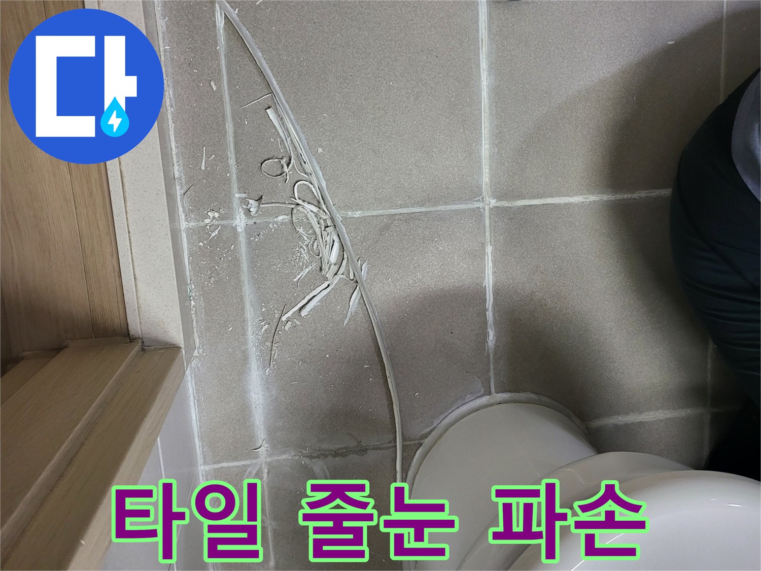 깨진 타일 사이의 틈새와 백시멘트 탈락 부위