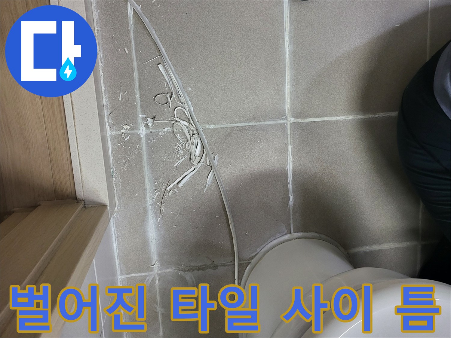 변기 주변 타일의 벌어짐과 탈락된 줄눈 부위 상세