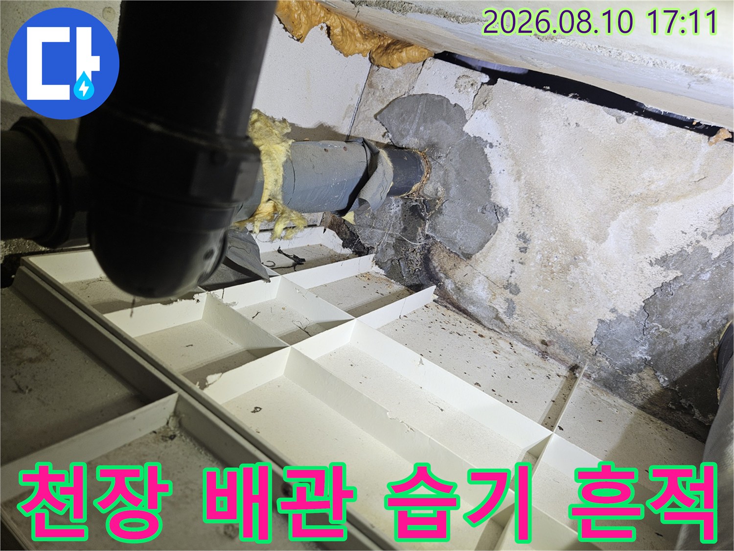 배관 연결 부위 근처의 젖은 콘크리트와 얼룩진 벽면 상태입니다.