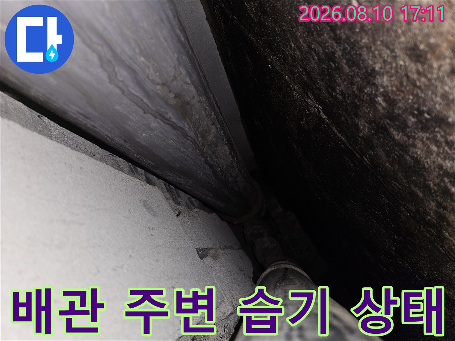 화장실 천장 배관 주위에 발생한 습기와 마감 불량 확인