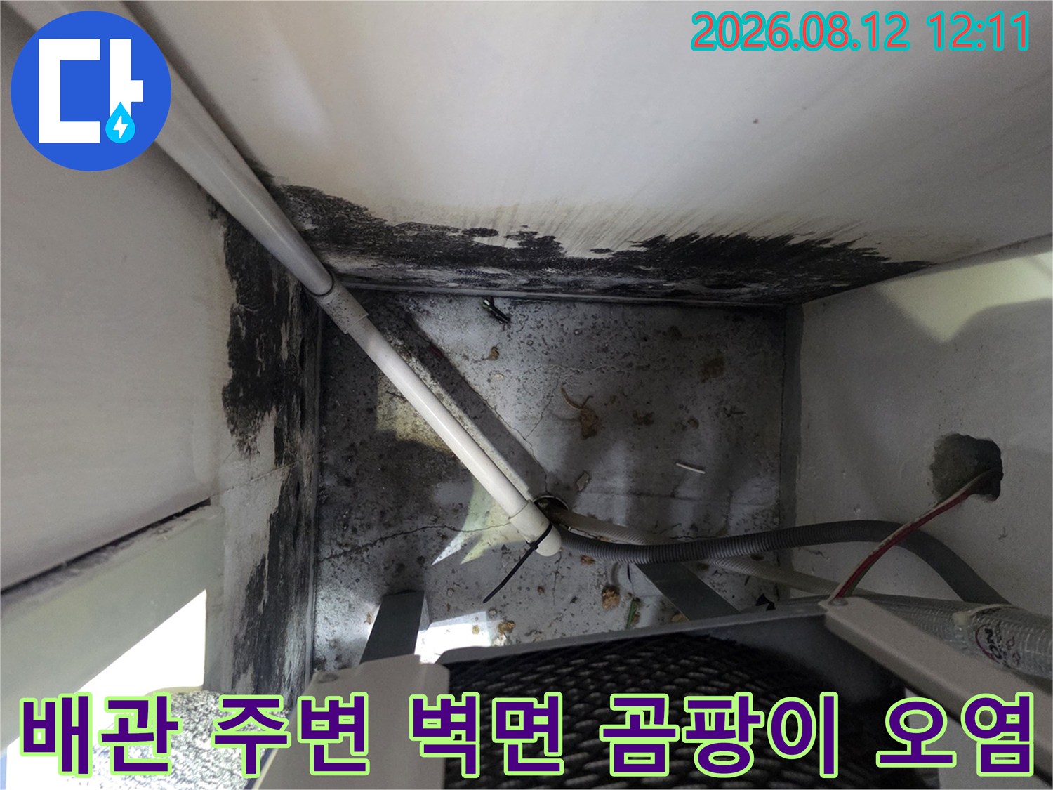 보일러실 배관 연결 부위 근처의 곰팡이 및 습기 흔적 촬영