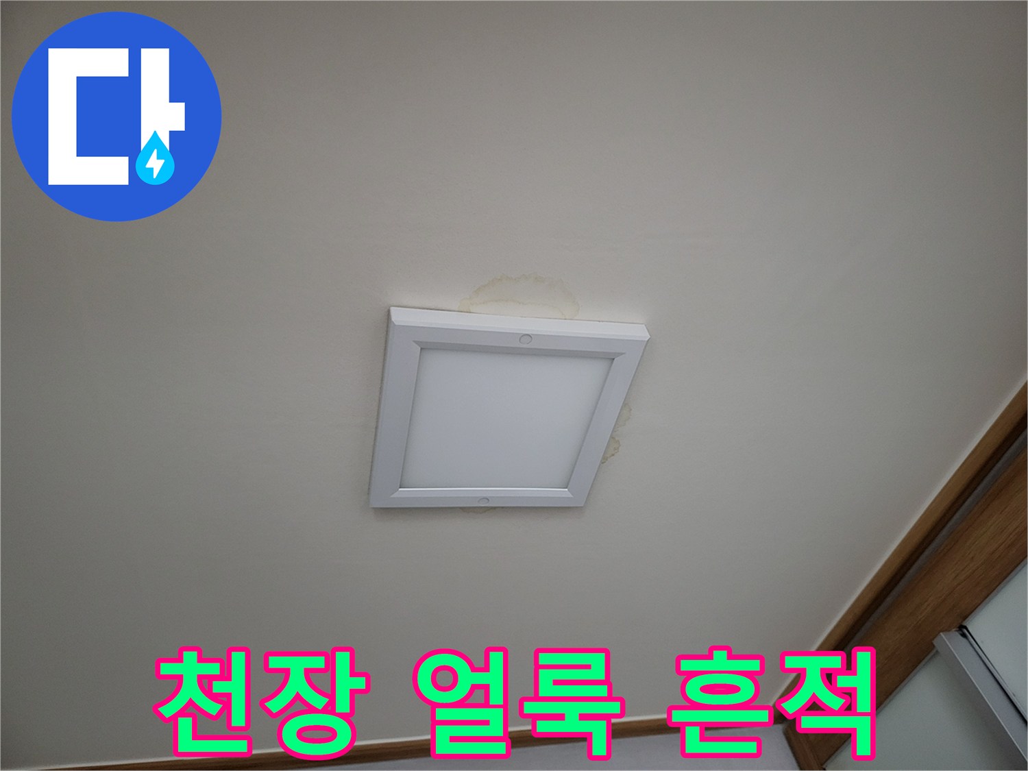 거실 천장 조명 주변의 누수 변색 흔적
